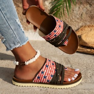 Wholesale large size women's spring and summer clip toe printed flat beach sandals Roman shoes